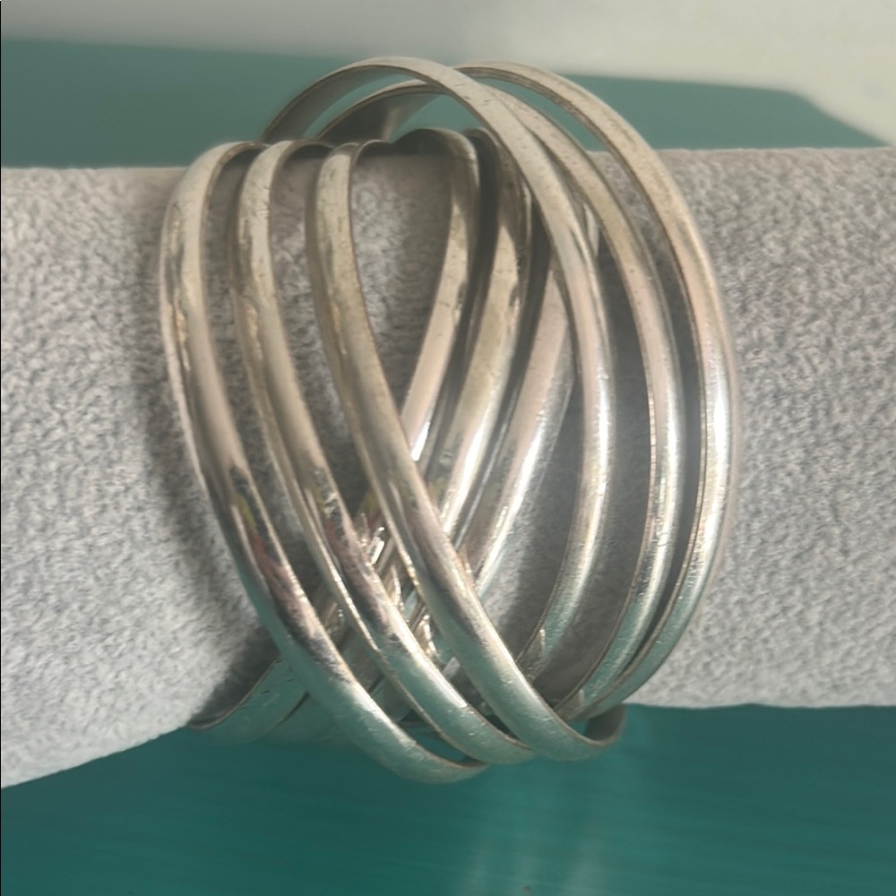 Silver Tone Sculptural Intertwined 9 Bangle Bracelets Asymmetrical Design